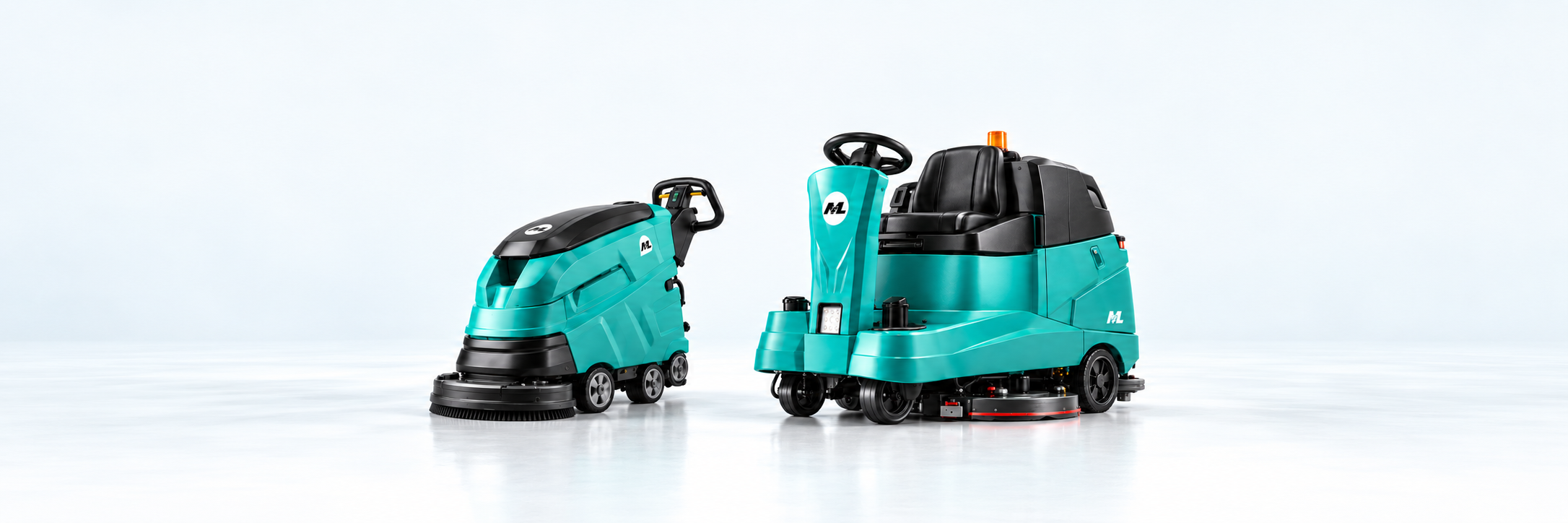MZL Walk-behind and Ride-on commercial floor scrubbers side by side